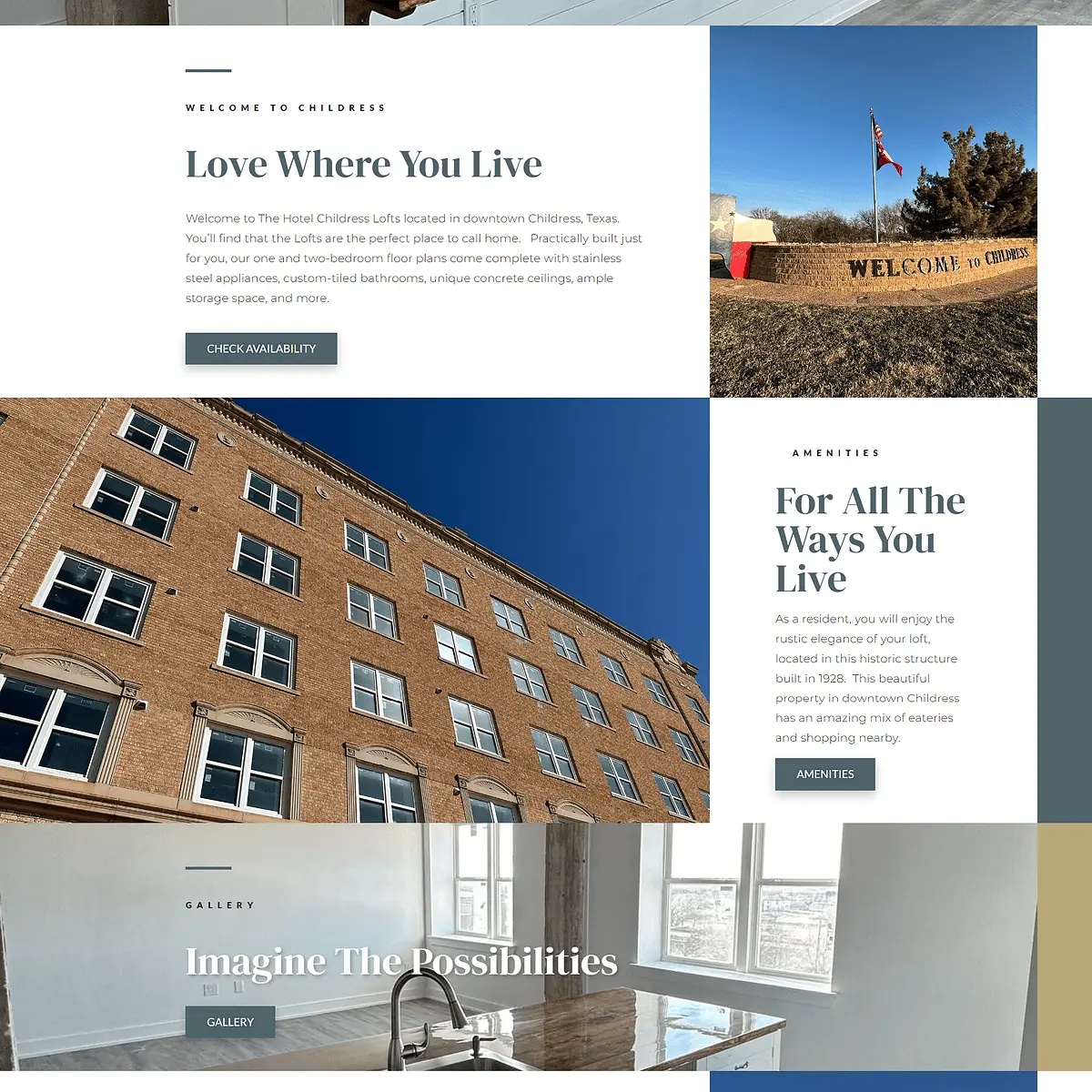 Hotel childress lofts website design screenshot - homepage