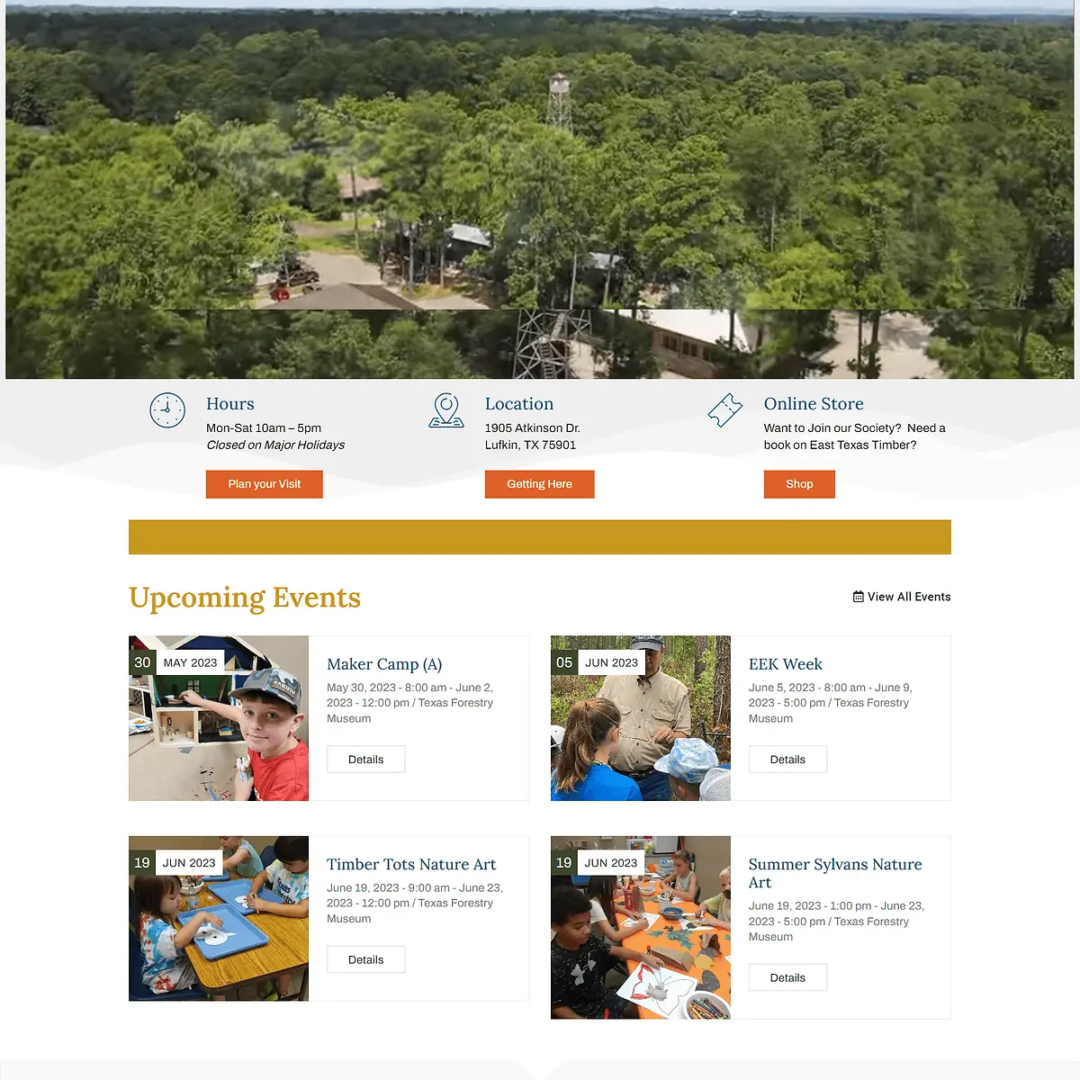 Texas forestry museum website design screenshot - homepage