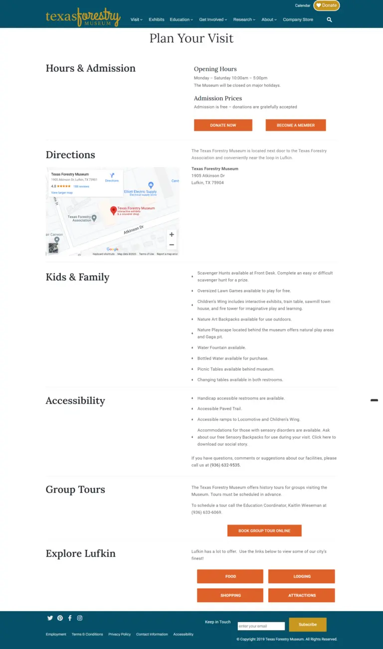 Texas Forestry Museum Website Design Screenshot - Plan your VIsit