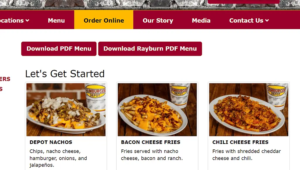 Hamburger Depot Menu Website Design Screenshot