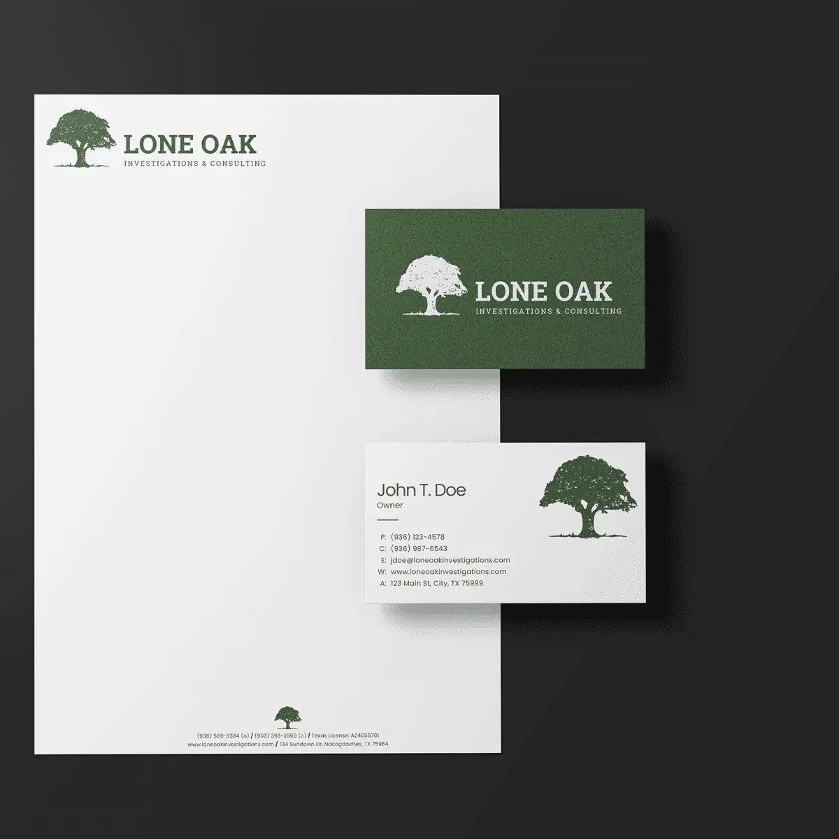 Lone oak investigations & consulting logo - letterhead & business cards - east texas logo design